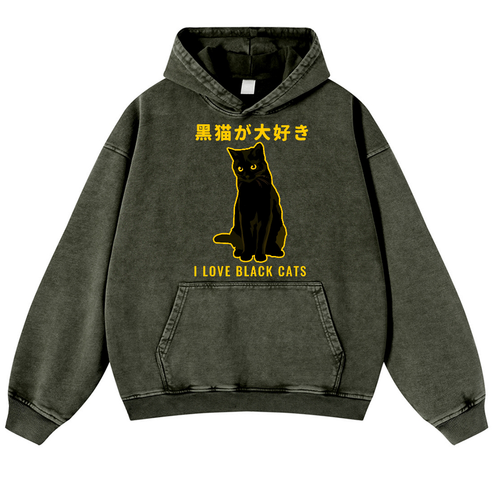 Black Cat Vintage Washed Thick Cotton Hoodie