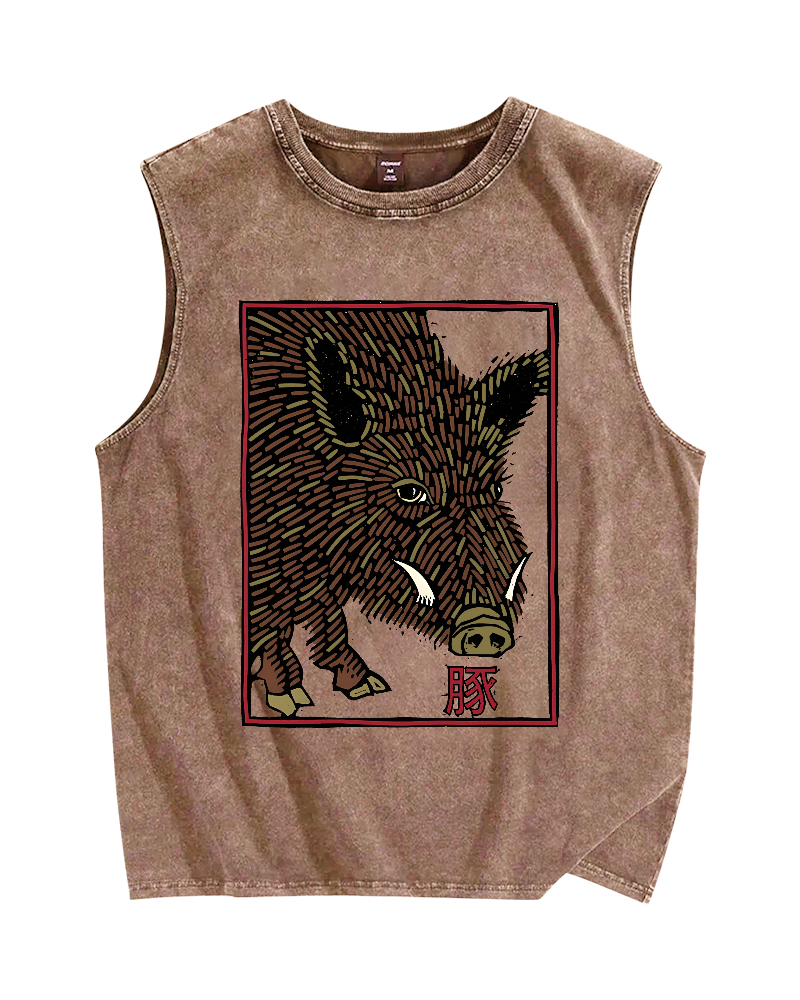 Woodcut Pig Vintage Distressed Washed Tank Top