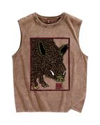 Woodcut Pig Vintage Distressed Washed Tank Top