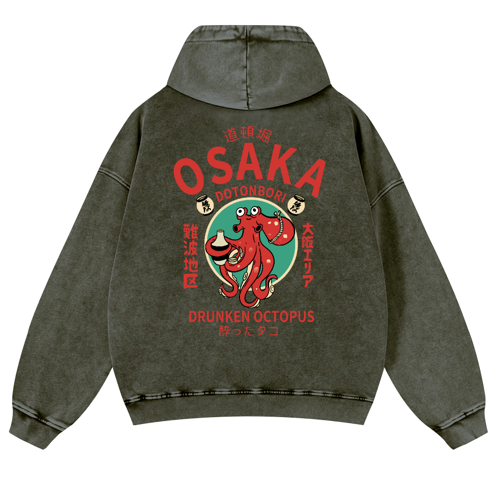 Osaka Dotonbori Drunken Octopus Vintage Washed Cotton Back Art Hoodie