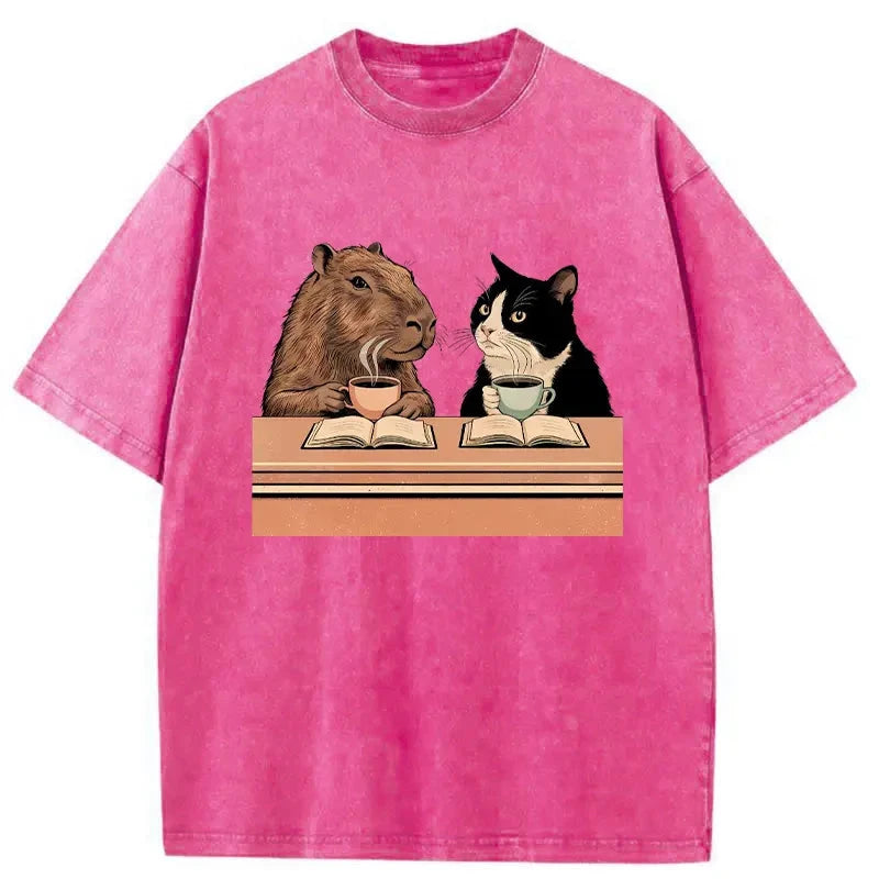 Capybara And Cat Talk Washed T-Shirt