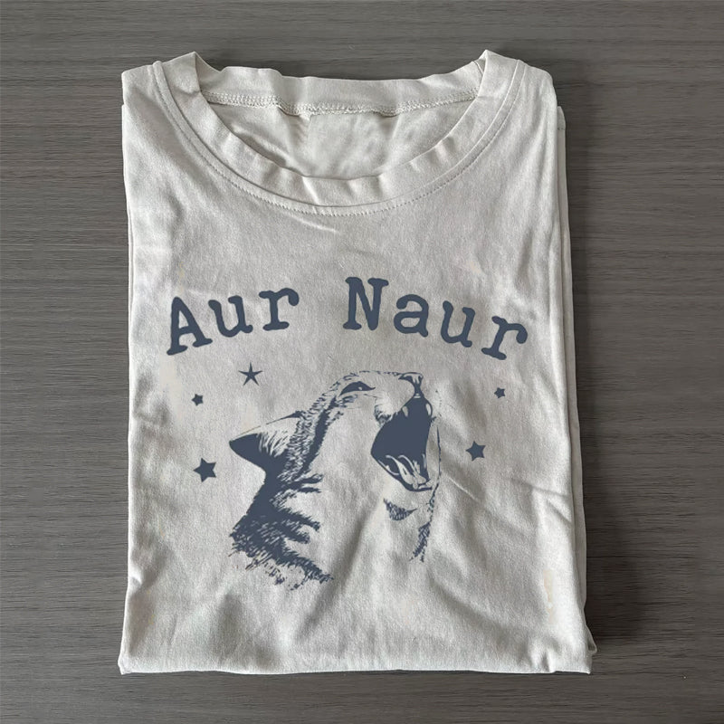 Unisex Classic Cotton Aur Naur Cat Printed Folded T-shirt