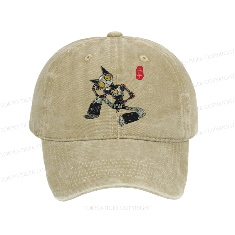 Contemplative Robot Cat Washed Cap