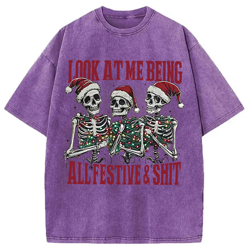 Funny Christmas Skull Washed T-Shirt