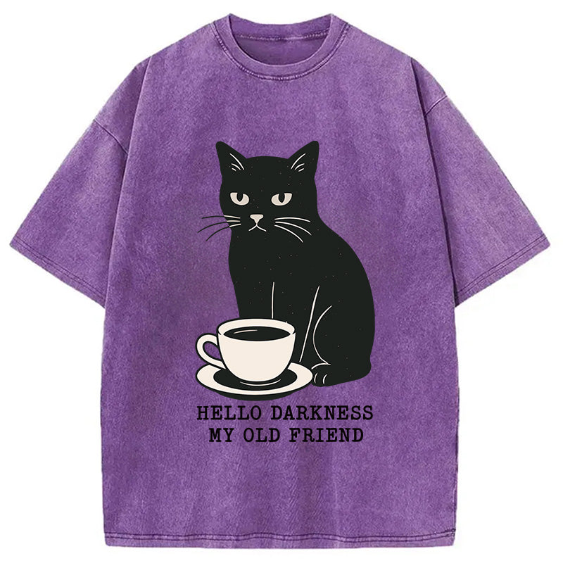 Black Cat Drinking Coffee Washed T-Shirt