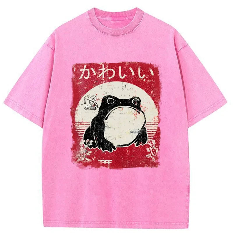 Woodblock Print Grumpy Frog Washed T-Shirt