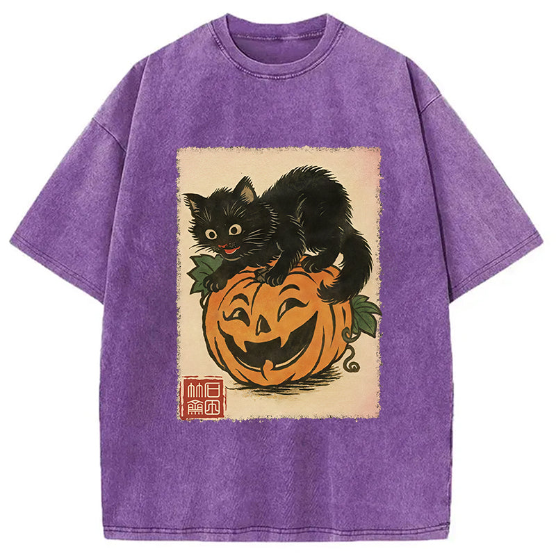 Black Cat And Pumpkin Washed T-Shirt