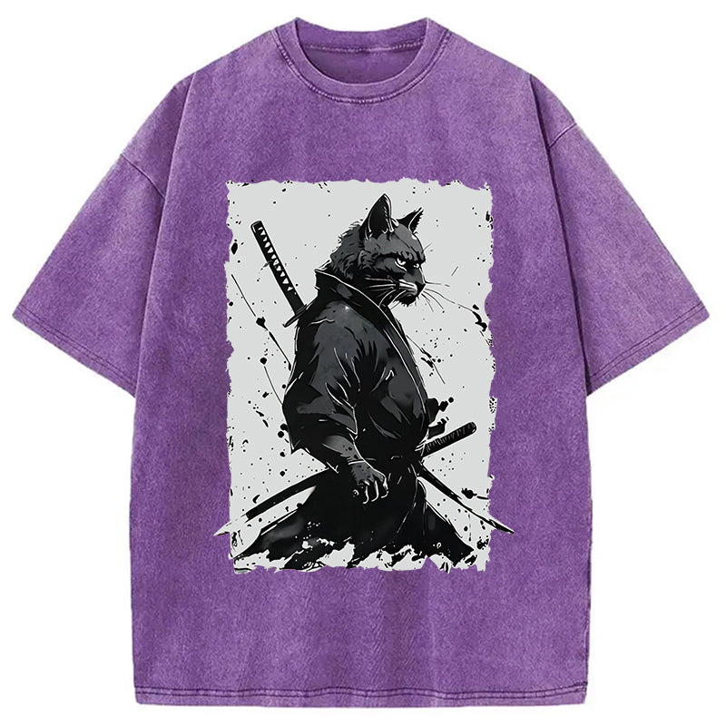 Handsome Samurai Cat Washed T-Shirt