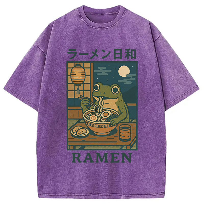 Japanese Frog Eating Ramen Washed T-Shirt
