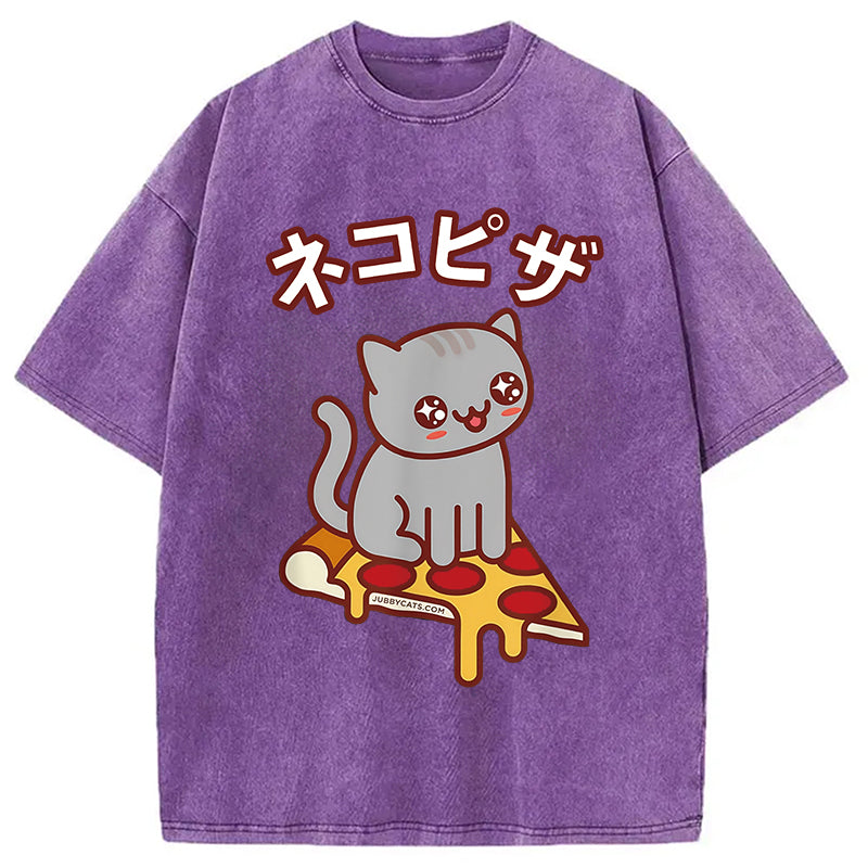 Super Kawaii Japanese Pizza Cat Washed T-Shirt