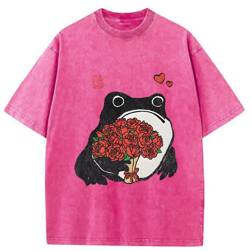 Romantic Frog Holding Roses Washed T-Shirt