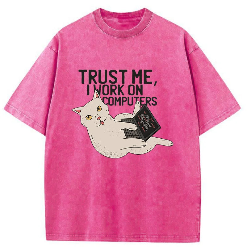 Cat At Work Washed T-Shirt