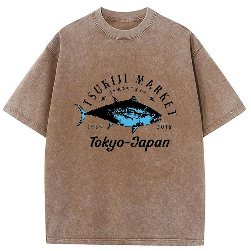 Tsukiji Fish Market Blue Fish Washed T-Shirt