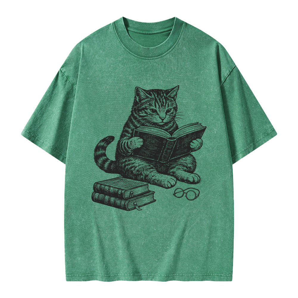 Unisex Cat Reading Book Printed Washed Tee