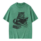 Unisex Cat Reading Book Printed Washed Tee
