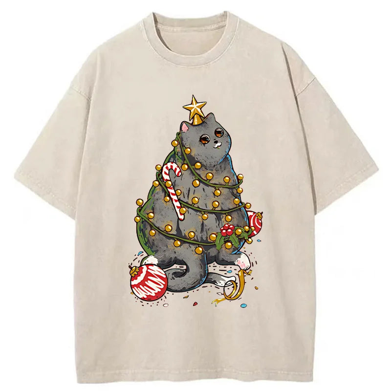 Unisex Christmas Decoration Cat Washed T-Shirt