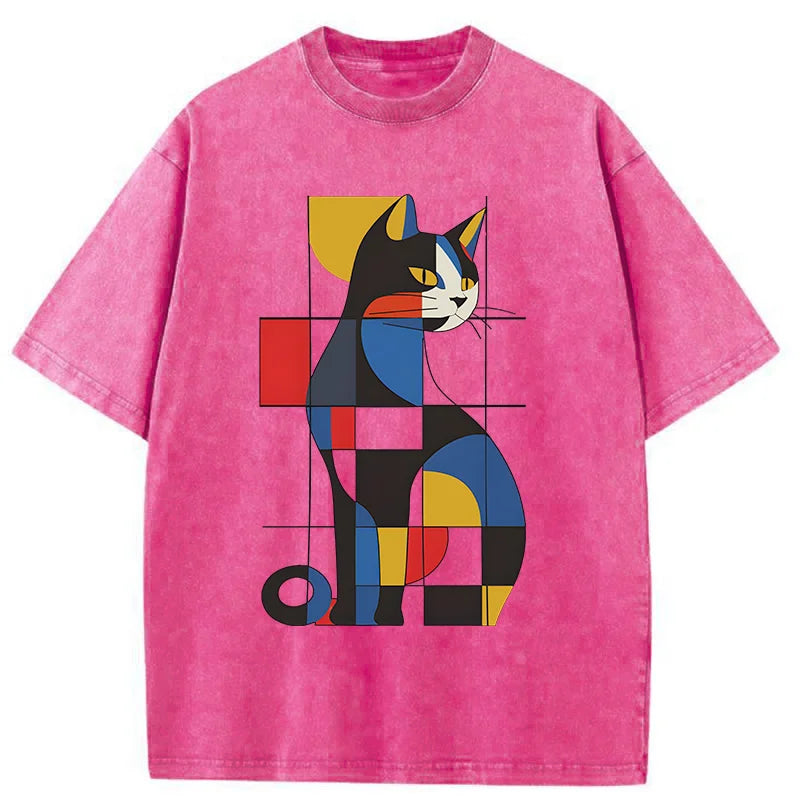 Unisex Mondrian Cat Washed T-Shirt