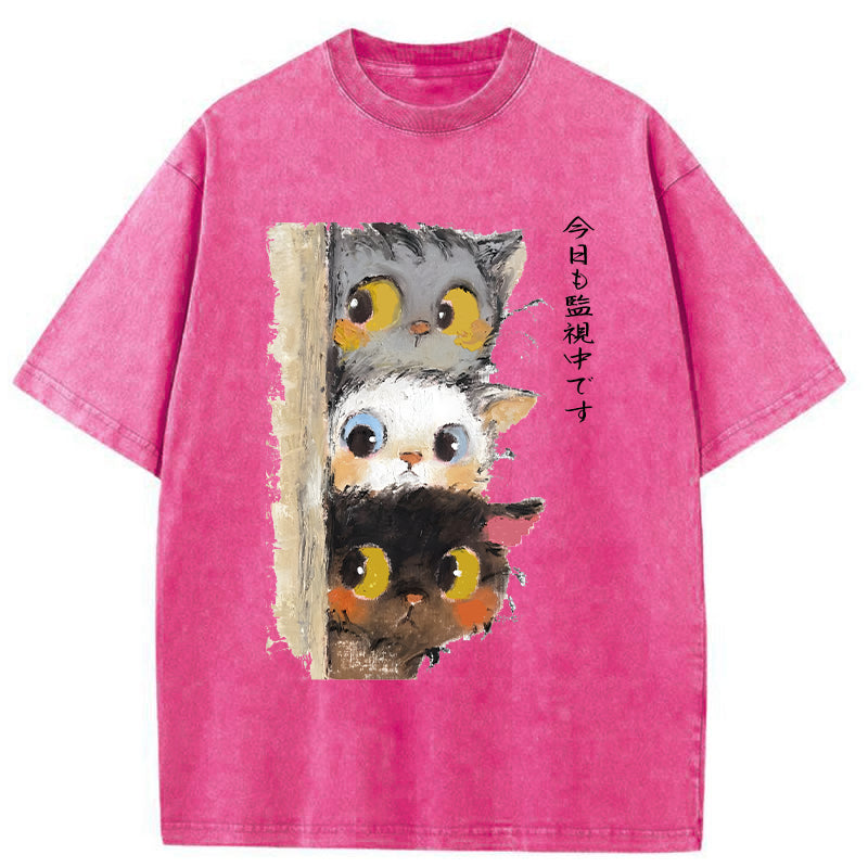 Unisex Three Cats Secretly Monitor Their Owner Washed T-Shirt