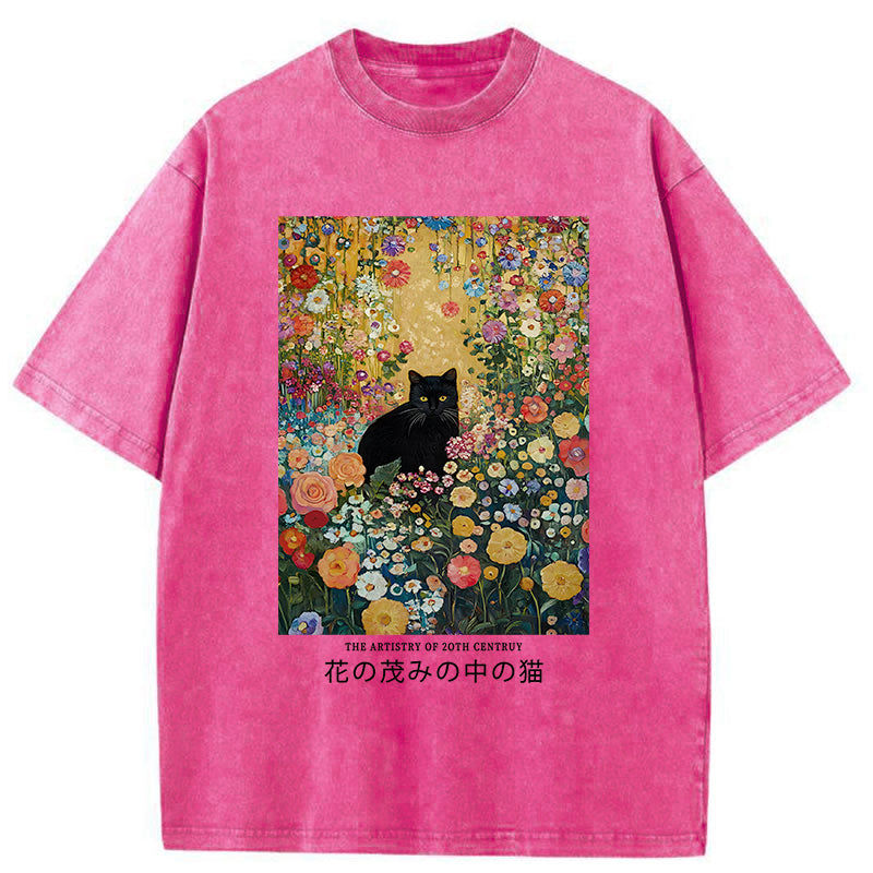 Unisex Black Cat In The Flower Bushes Washed T-Shirt