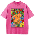 Unisex Colorful Orange Cats And Flowers Washed T-Shirt