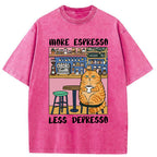 Unisex Orange Cat Drinking Espresso Washed T-Shirt