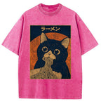 Unisex Retro Black Cat Eats Delicious Ramen Washed T-Shirt