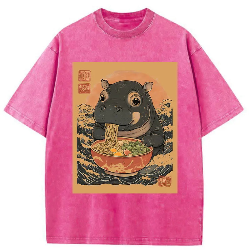 Moo Deng Eat Ramen Washed T-Shirt