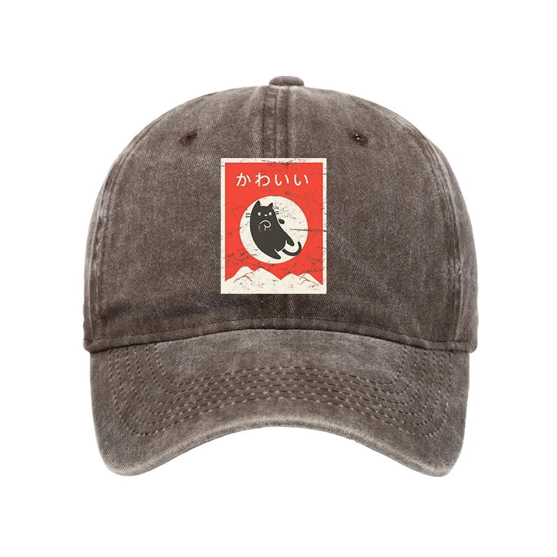 Cute Black Cat Japanese Washed Cap