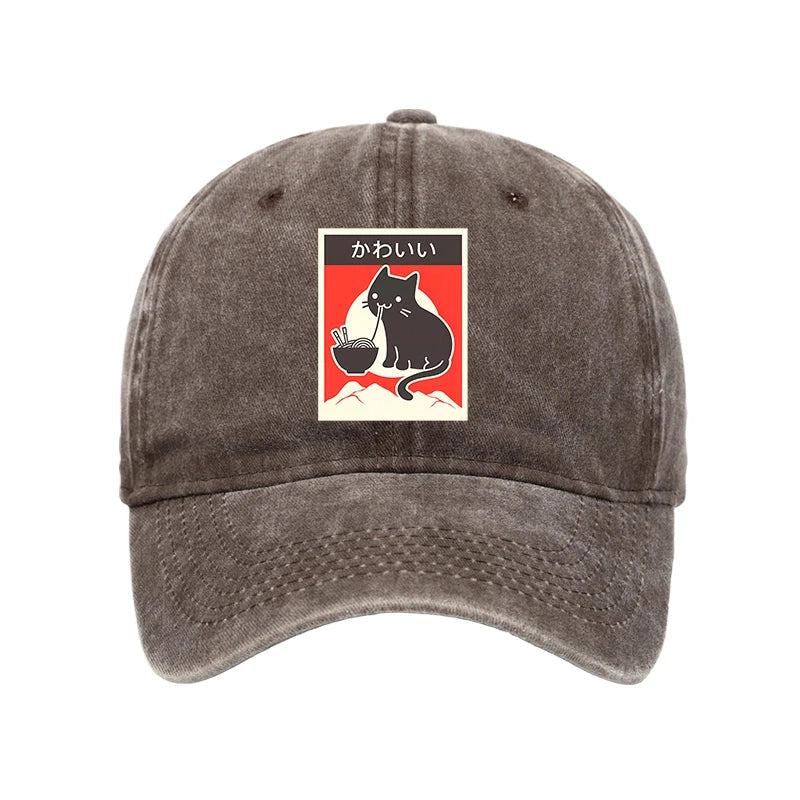 "Kawaii" Vintage Style Japenese Ramen Cat Washed Cap