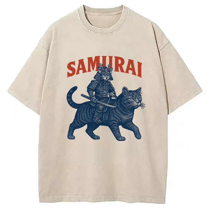 Funny Samurai Cat Washed T-Shirt