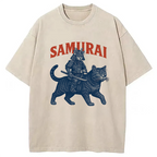 Funny Samurai Cat Washed T-Shirt