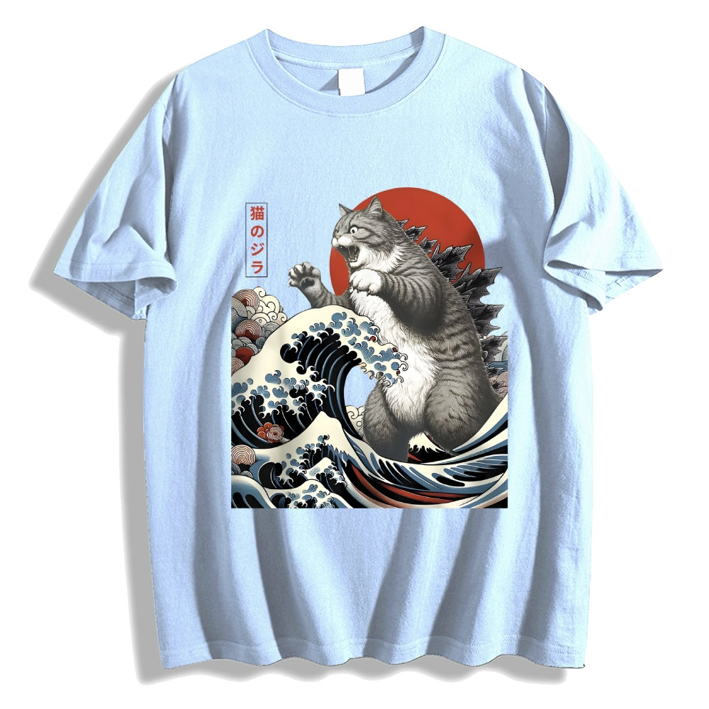 Cat Godzilla Ukiyoe Great Wave Japanese Style Classic Tee