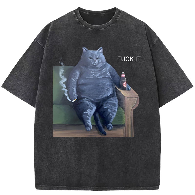 Funny Fat Smoking Cat Art Print Washed T-Shirt