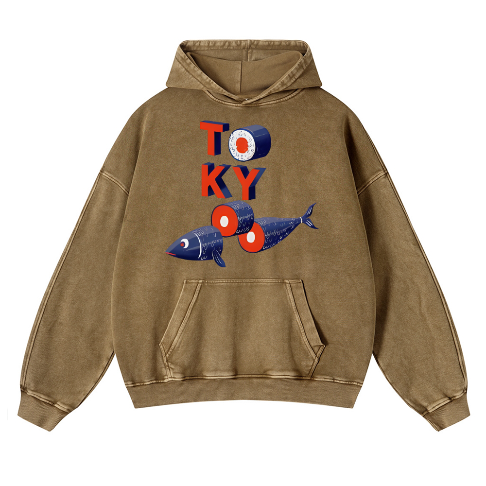 Tokyo Sushi Fish Vintage Washed Thick Cotton Hoodie