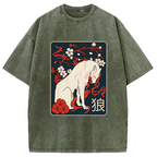 Ancient Japanese Wolf Art Washed T-Shirt