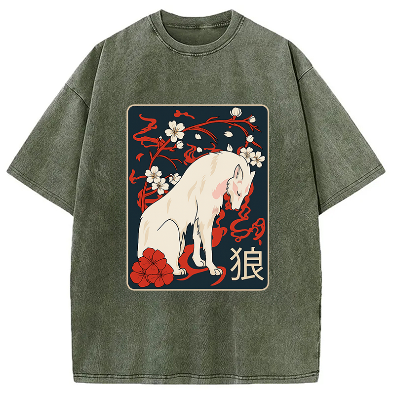 Ancient Japanese Wolf Art Washed T-Shirt