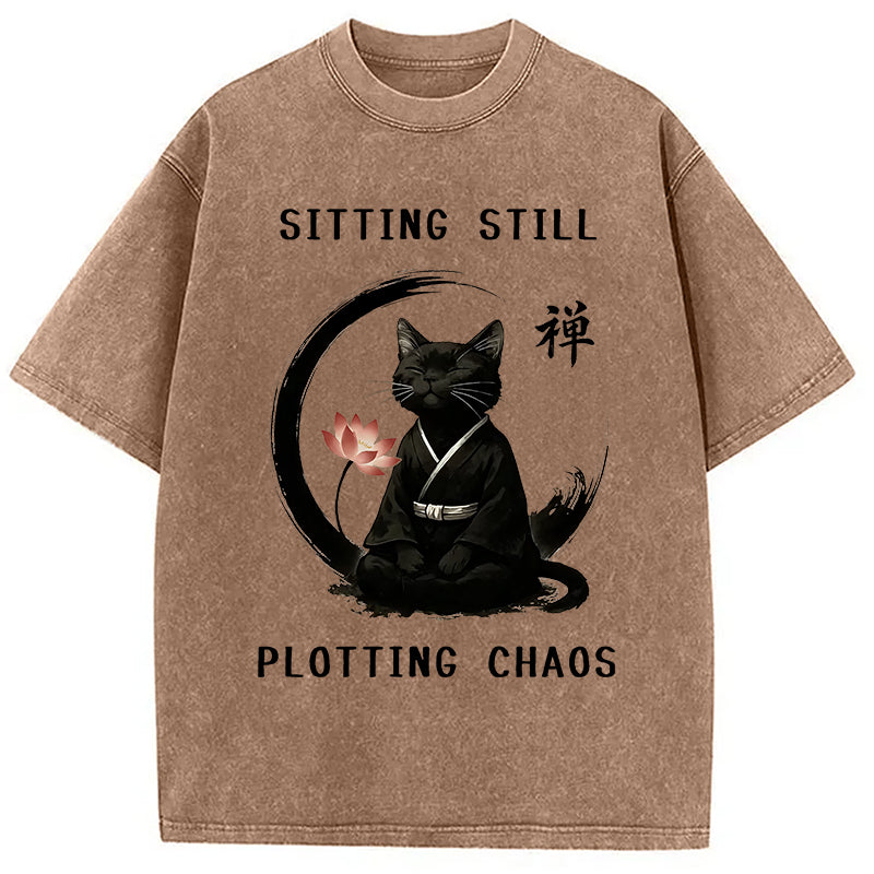 Sitting Calming Zen Cat Washed T-Shirt