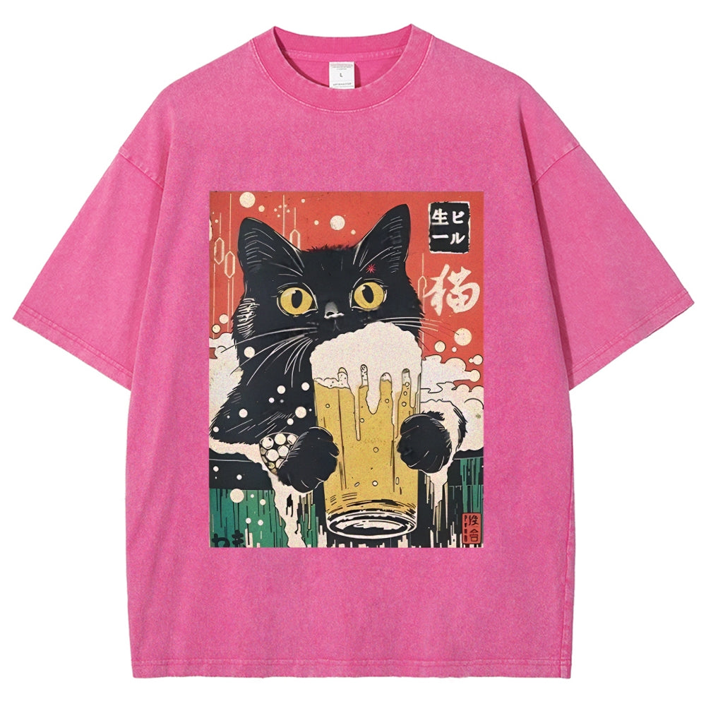 Cat Drinking Beer Funny Washed T-Shirt