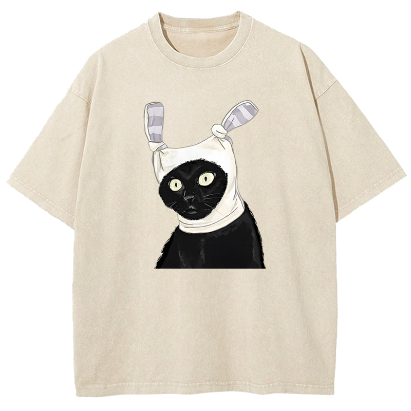 Funny Cat Printed Washed T-Shirt