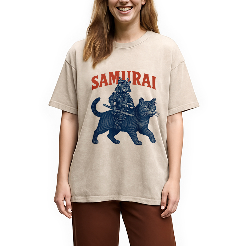 Funny Samurai Cat Washed T-Shirt