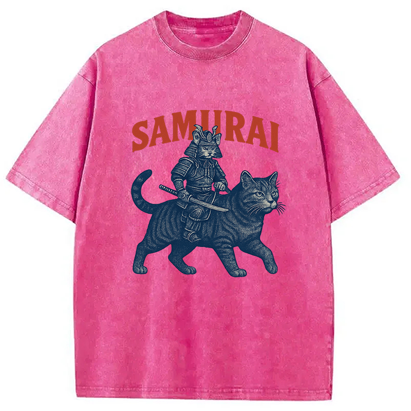 Funny Samurai Cat Washed T-Shirt