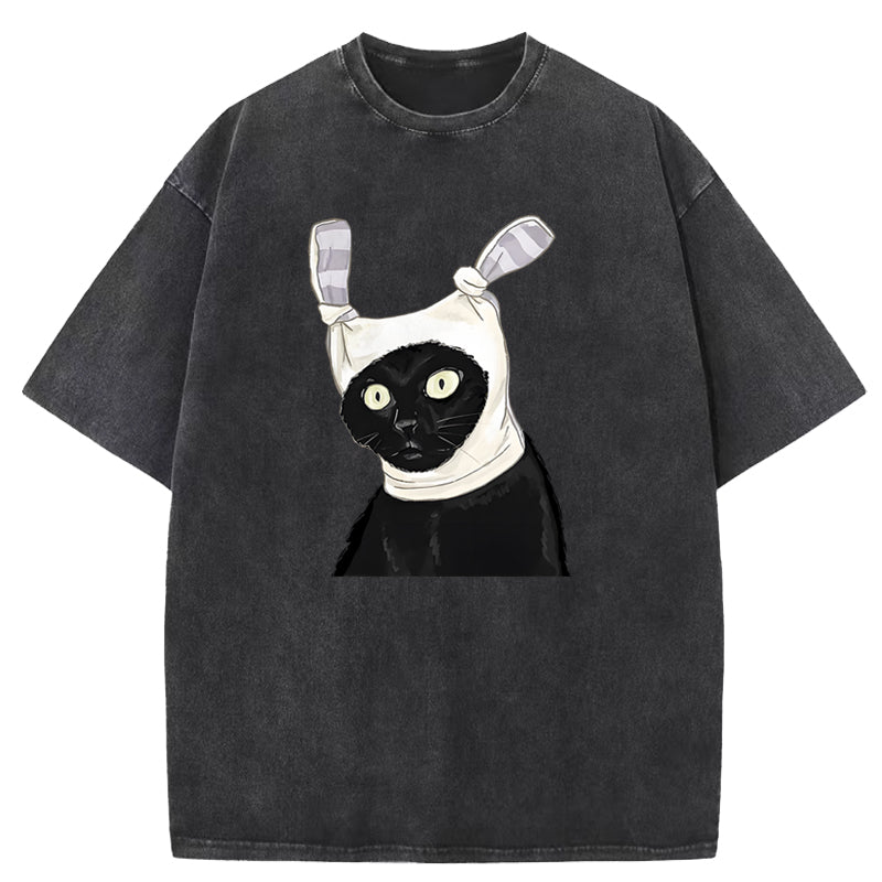 Funny Cat Printed Washed T-Shirt