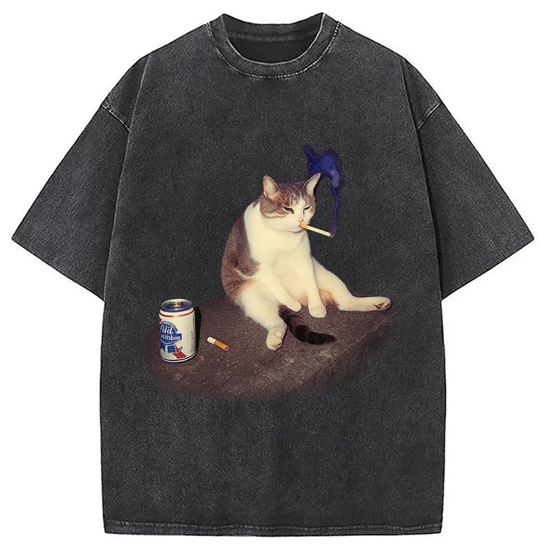 Custom Cat Smoking Meme Washed T-Shirt