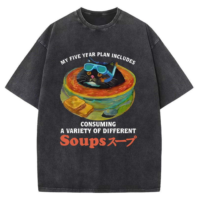 Cat Drinking Soup Washed T-Shirt