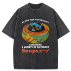 Cat Drinking Soup Washed T-Shirt