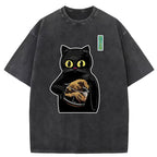 Black Cat Holding Coffee Washed T-Shirt