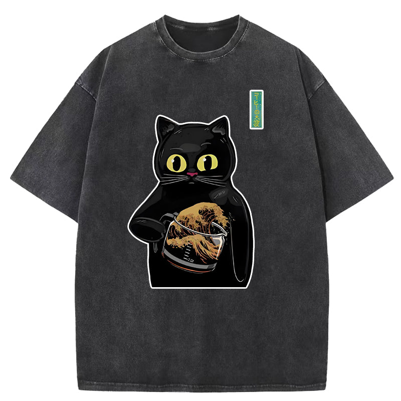 Black Cat Holding Coffee Washed T-Shirt