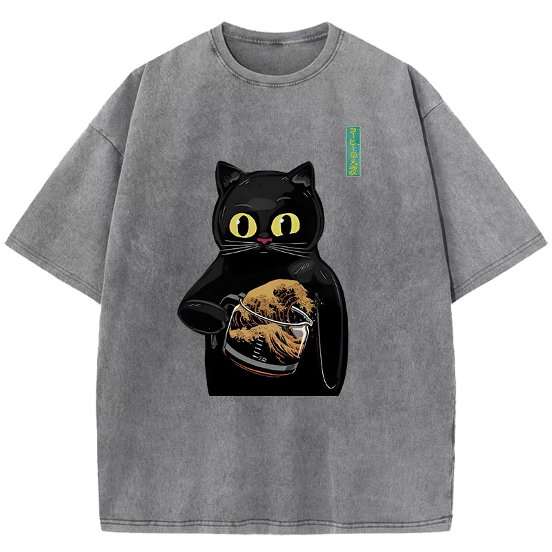Black Cat Holding Coffee Washed T-Shirt