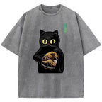 Black Cat Holding Coffee Washed T-Shirt