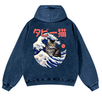 Cat Wave Vintage Washed Cotton Back Art Hoodie